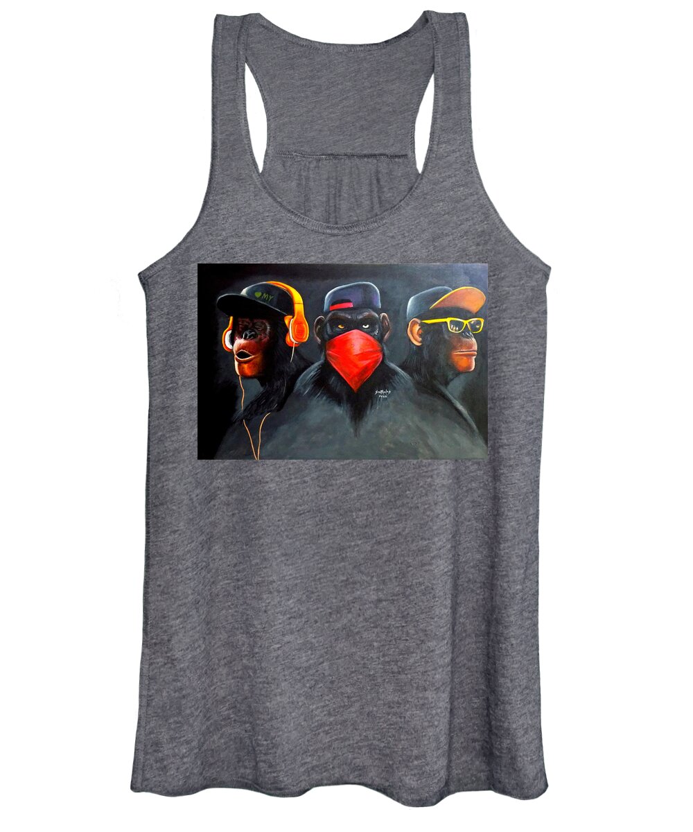 Living Room Women's Tank Top featuring the painting Hear no Evil, Speak no Evil,See no Evil by Olaoluwa Smith