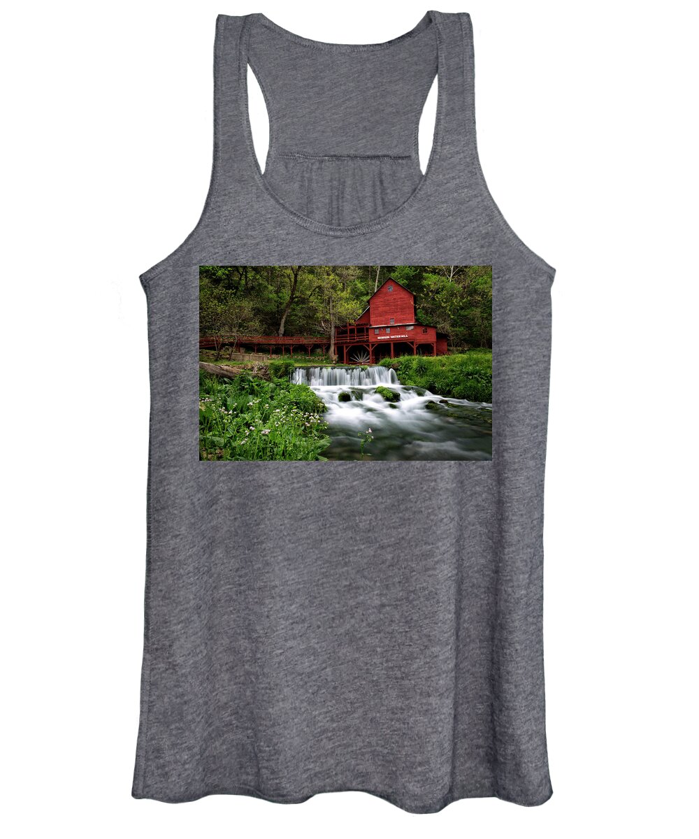 Wall Art Canvas Prints America Usa Eminence Missouri United States North America Flowing Water Grist Mill Historic Site Red Barn Old Red Mill Missouri History Most Popular Canvas Prints Scenic Landscape Ozark Mountains Women's Tank Top featuring the photograph Hodgson Grist Mill with Spring Flowers - Missouri by William Rainey