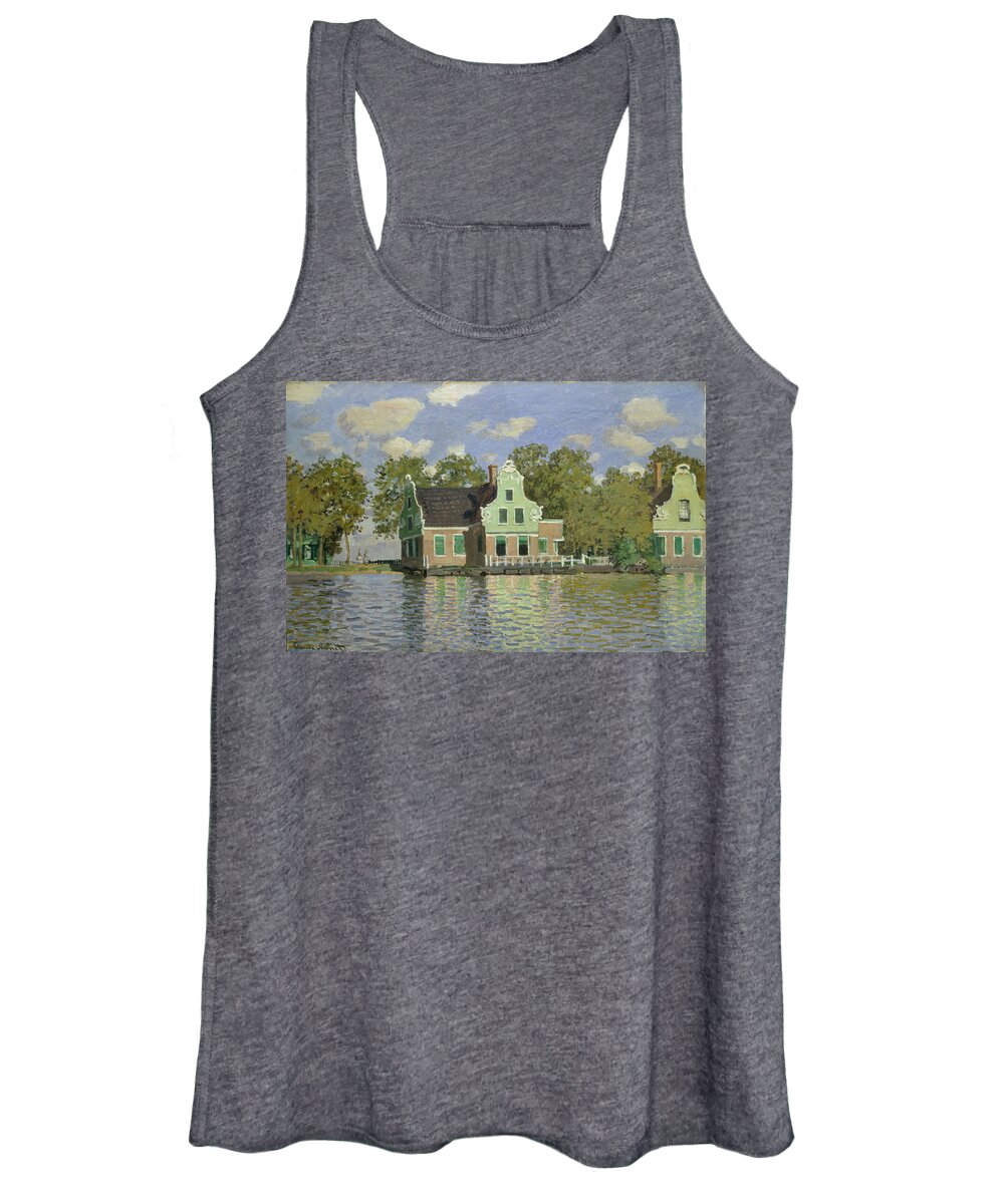Houses Women's Tank Top featuring the painting Houses by the Bank of the River, from 1871 by Claude Monet