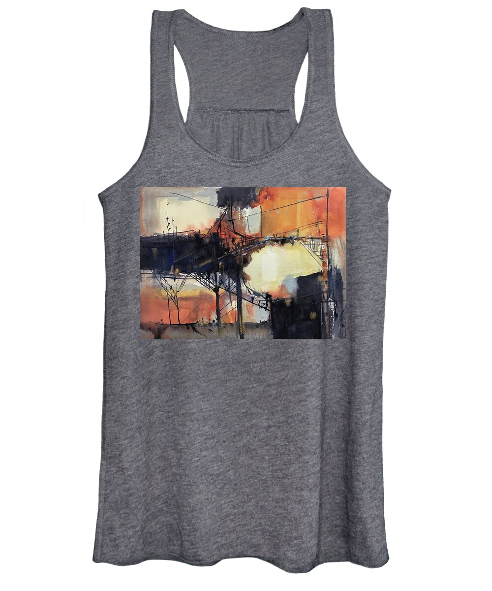 Watercolor Women's Tank Top featuring the painting Industrial Sunset by Judith Levins