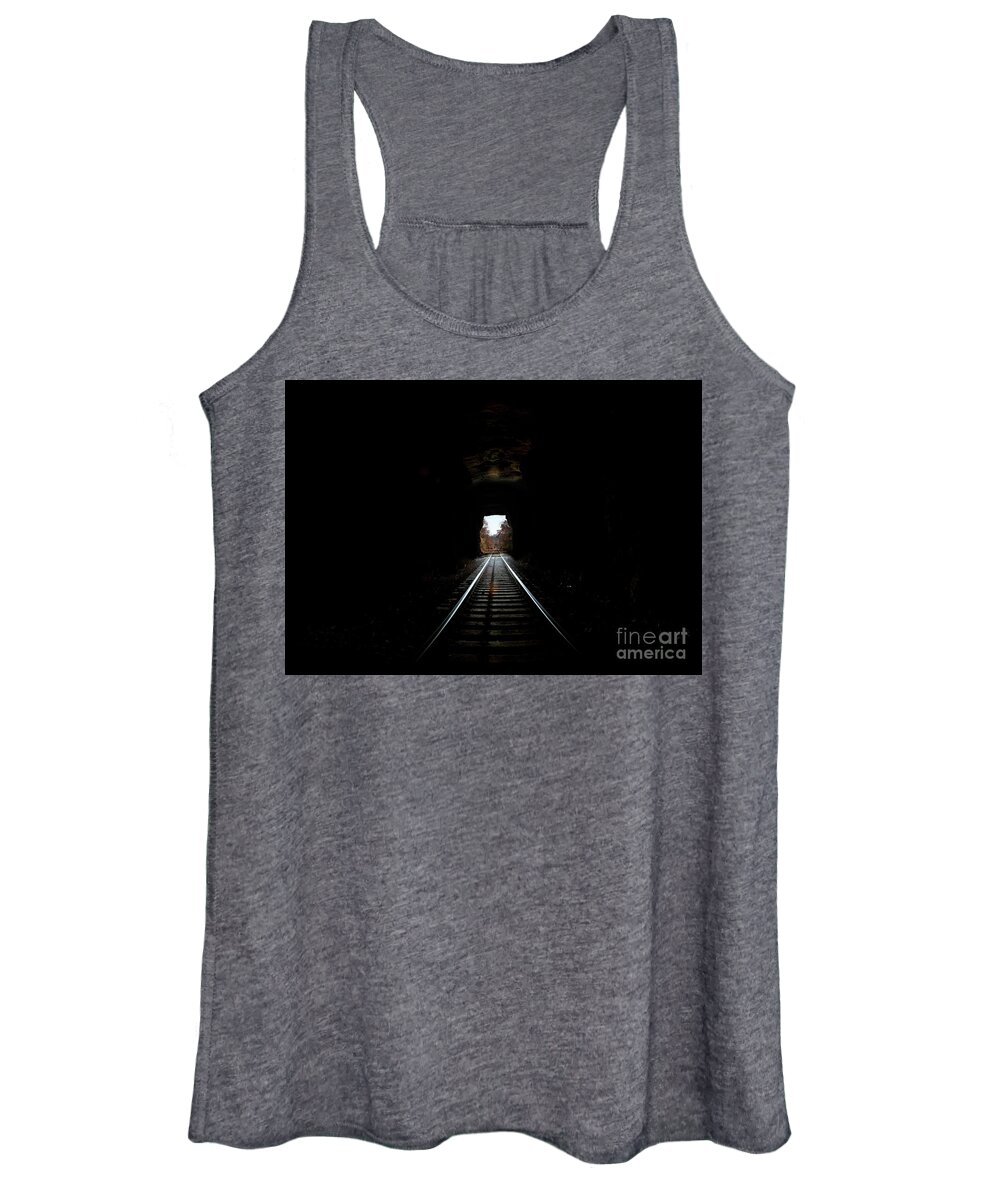 Railroad Women's Tank Top featuring the photograph Inside Railroad Tunnel looking out into the daylight by Pete Klinger