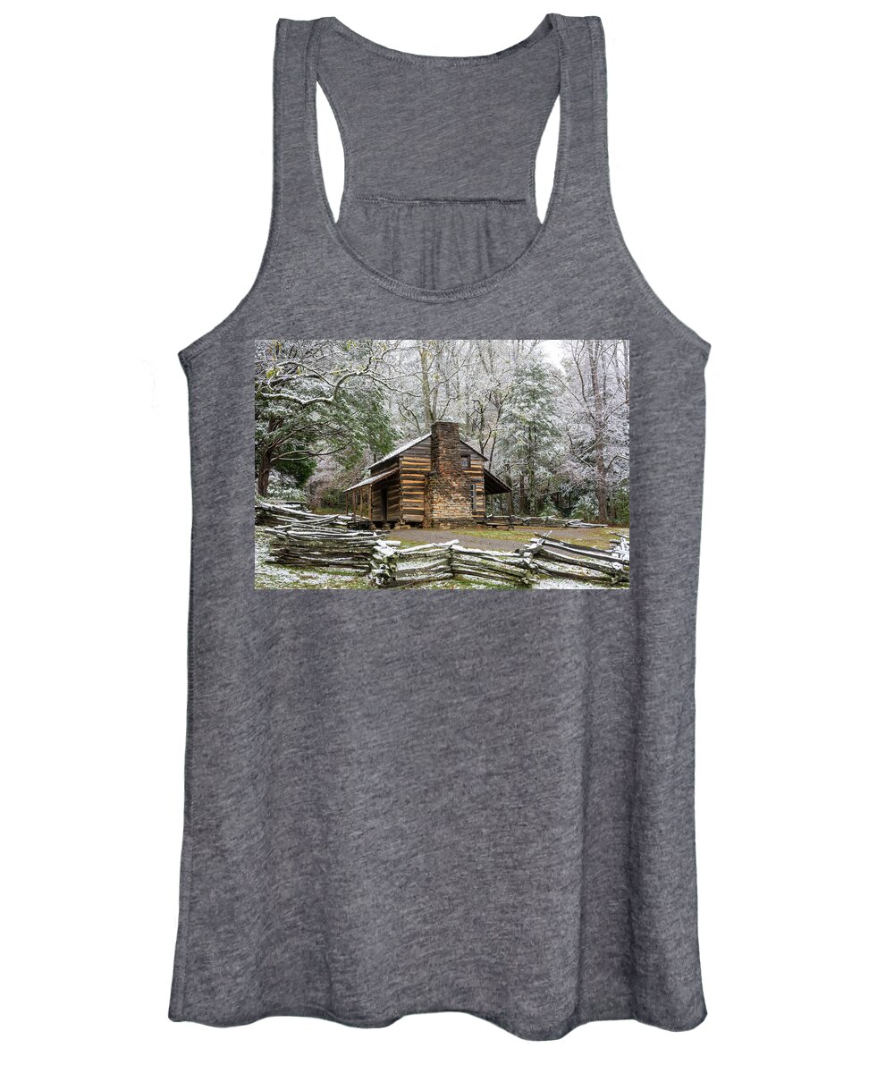 Cabin Women's Tank Top featuring the photograph John Oliver Cabin in Snow Three by Douglas Wielfaert