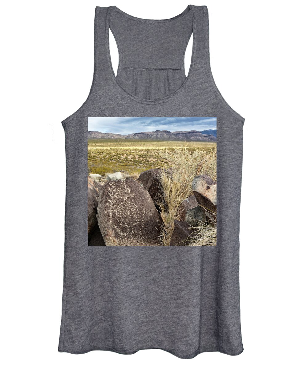 Petroglyphs Women's Tank Top featuring the photograph Jornada Anthropomorph with Cloud Terrace and Plant Stalk by Kathleen Bishop