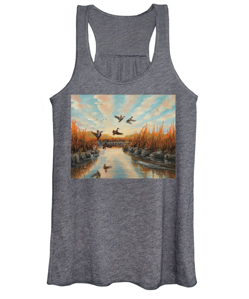 Mallards Women's Tank Top featuring the painting Jumping Blacks and Mallards by Guy Crittenden