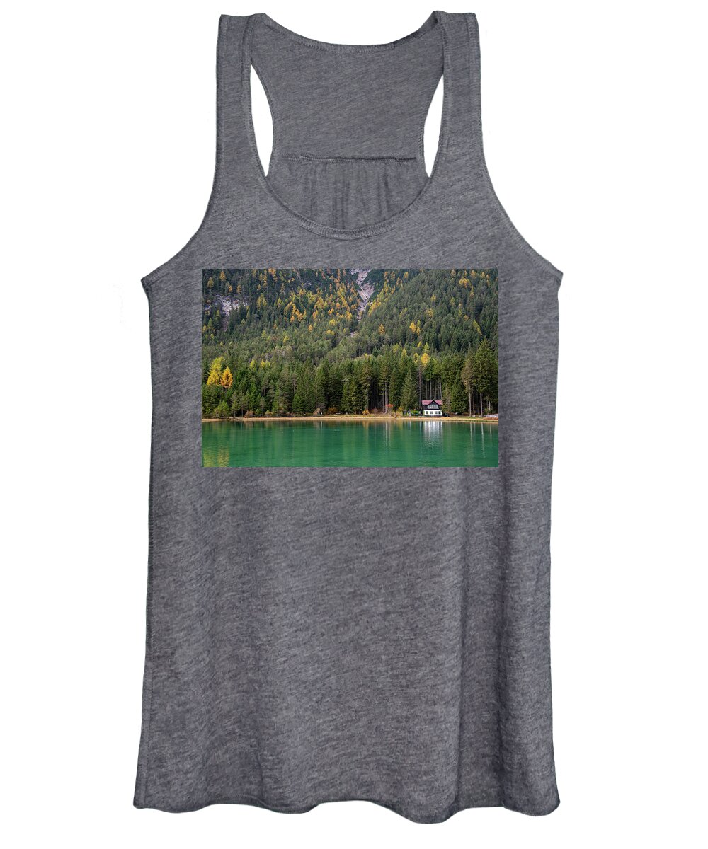 Italy Women's Tank Top featuring the photograph House in the lake and forest. Lago di dobbiaco lake. Italian aps by Michalakis Ppalis