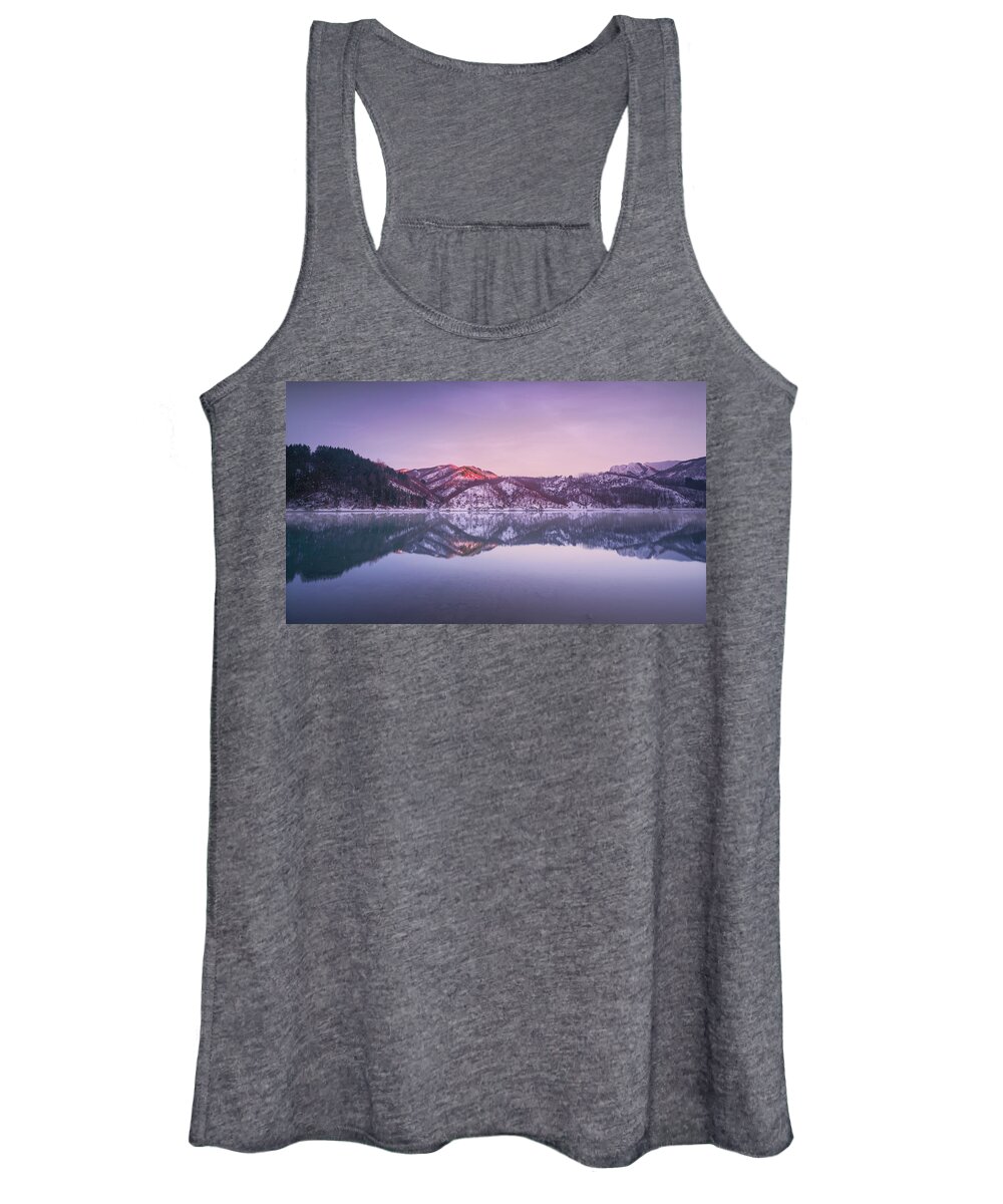 Lake Women's Tank Top featuring the photograph Lake Gramolazzo and snow in Apuan mountains. Garfagnana, Tuscany by Stefano Orazzini