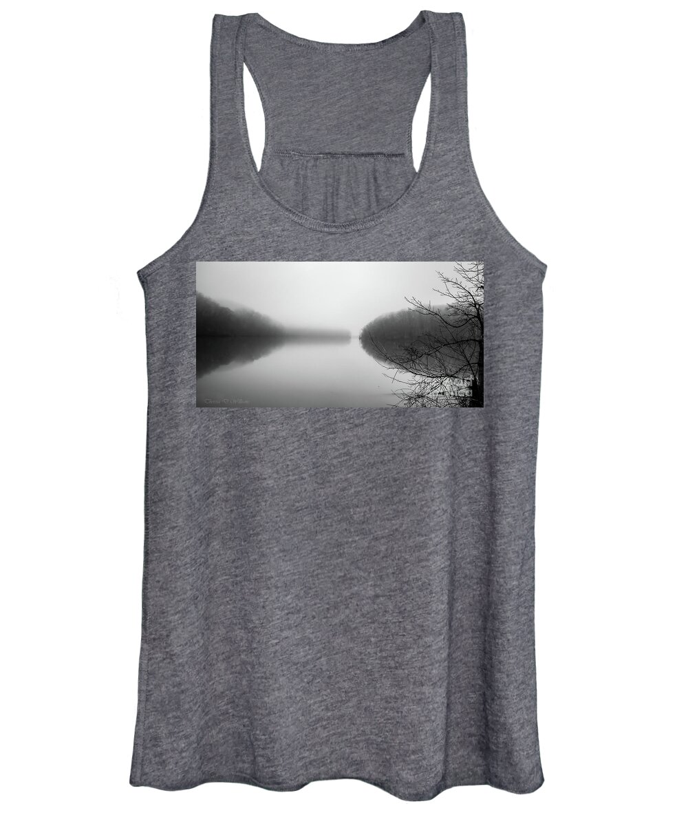 Black And White Women's Tank Top featuring the photograph Lake In The Mist by Theresa D Williams