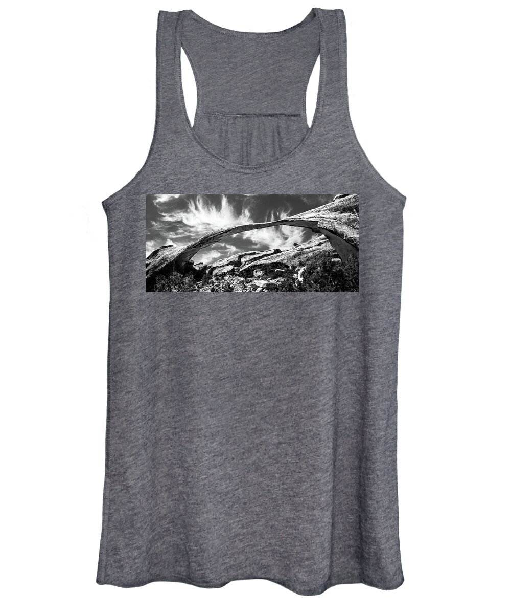 America Women's Tank Top featuring the photograph Landscape arch in arches national park, black and white by Jean-Luc Farges