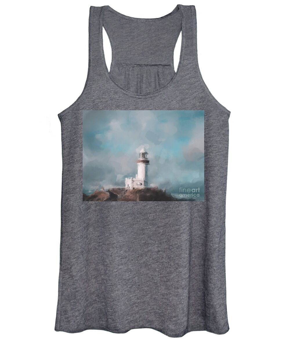 Lighthouse In The Clouds Women's Tank Top featuring the painting Lighthouse in the Clouds by Gary Arnold