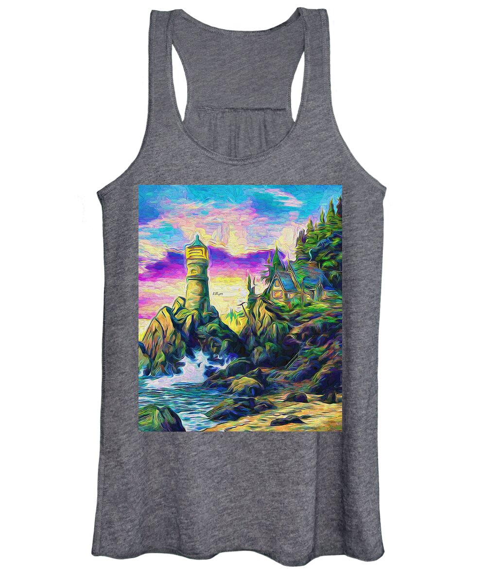 Paint Women's Tank Top featuring the painting Lighthouse on cliff by Nenad Vasic
