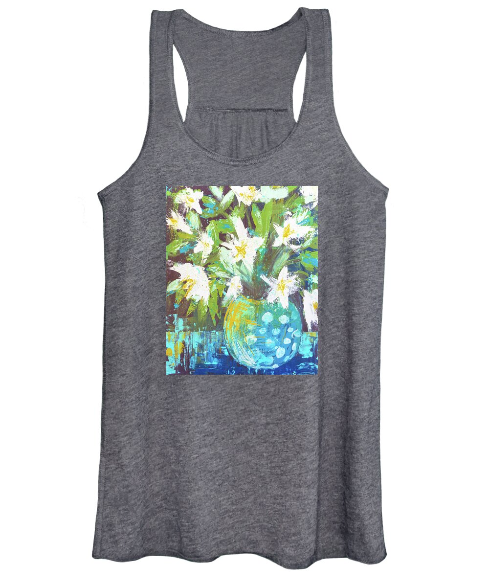 Lilies Women's Tank Top featuring the painting Lilies in Teal Polka Dots by Joanne Herrmann