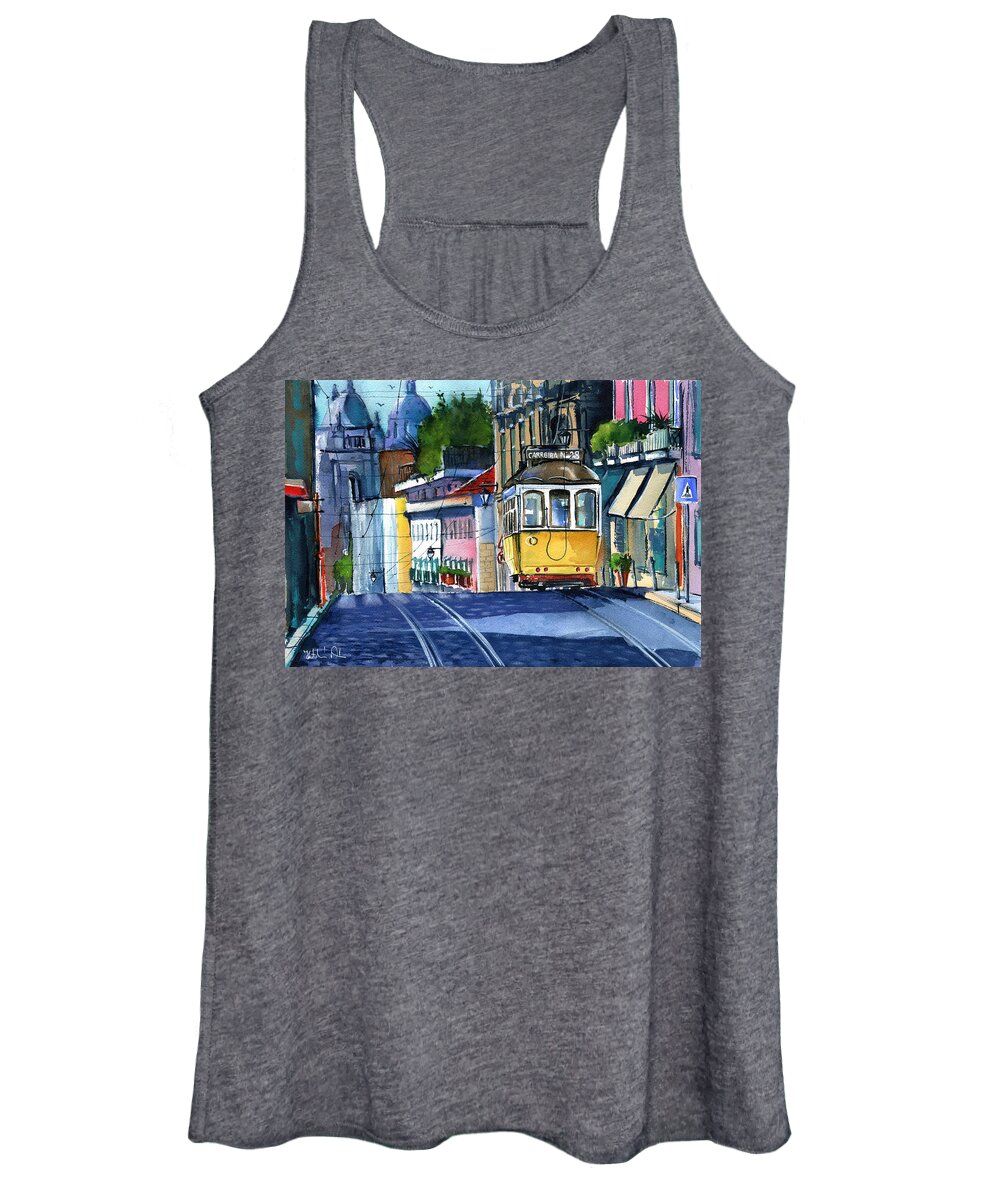 Portugal Women's Tank Top featuring the painting Lisbon Yellow Tram 28 by Dora Hathazi Mendes