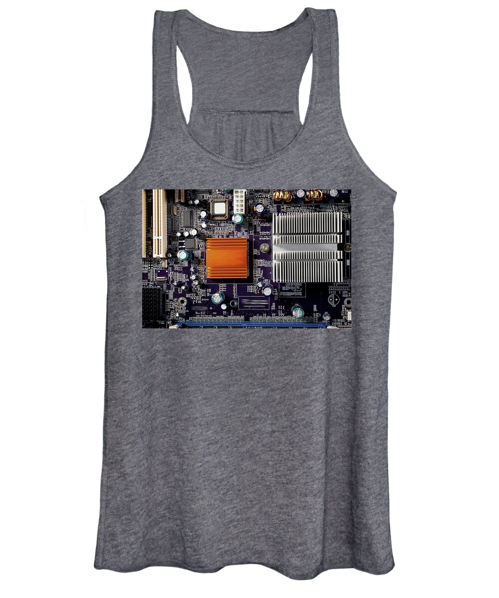 Computer Women's Tank Top featuring the photograph Mainboard of a pc with electronic components. by Bernhard Schaffer