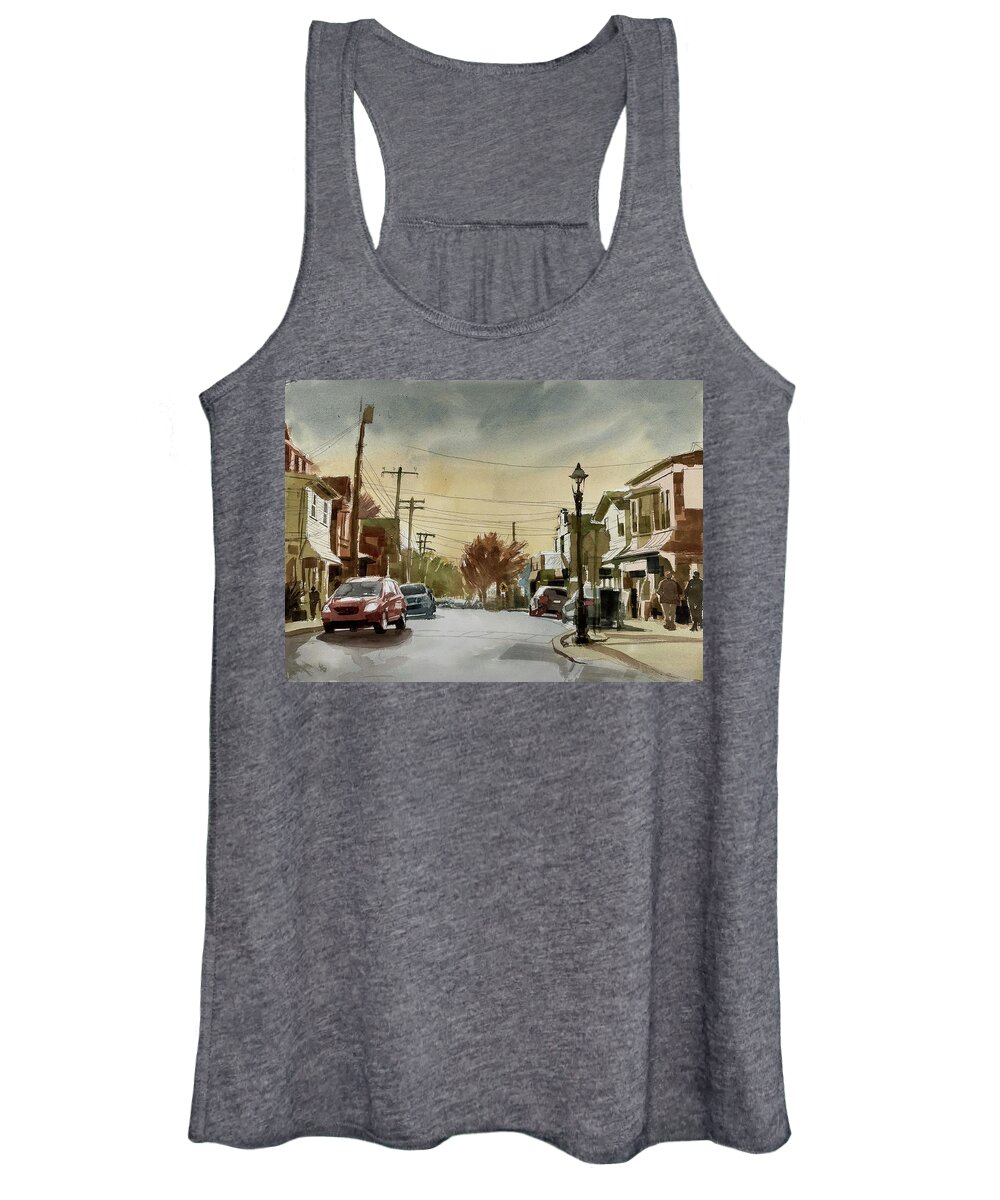 Town Cityscape Malvern Pennsylvania Small Town Street Scene Sunset Women's Tank Top featuring the painting Malvern PA by Stephen Rutherford