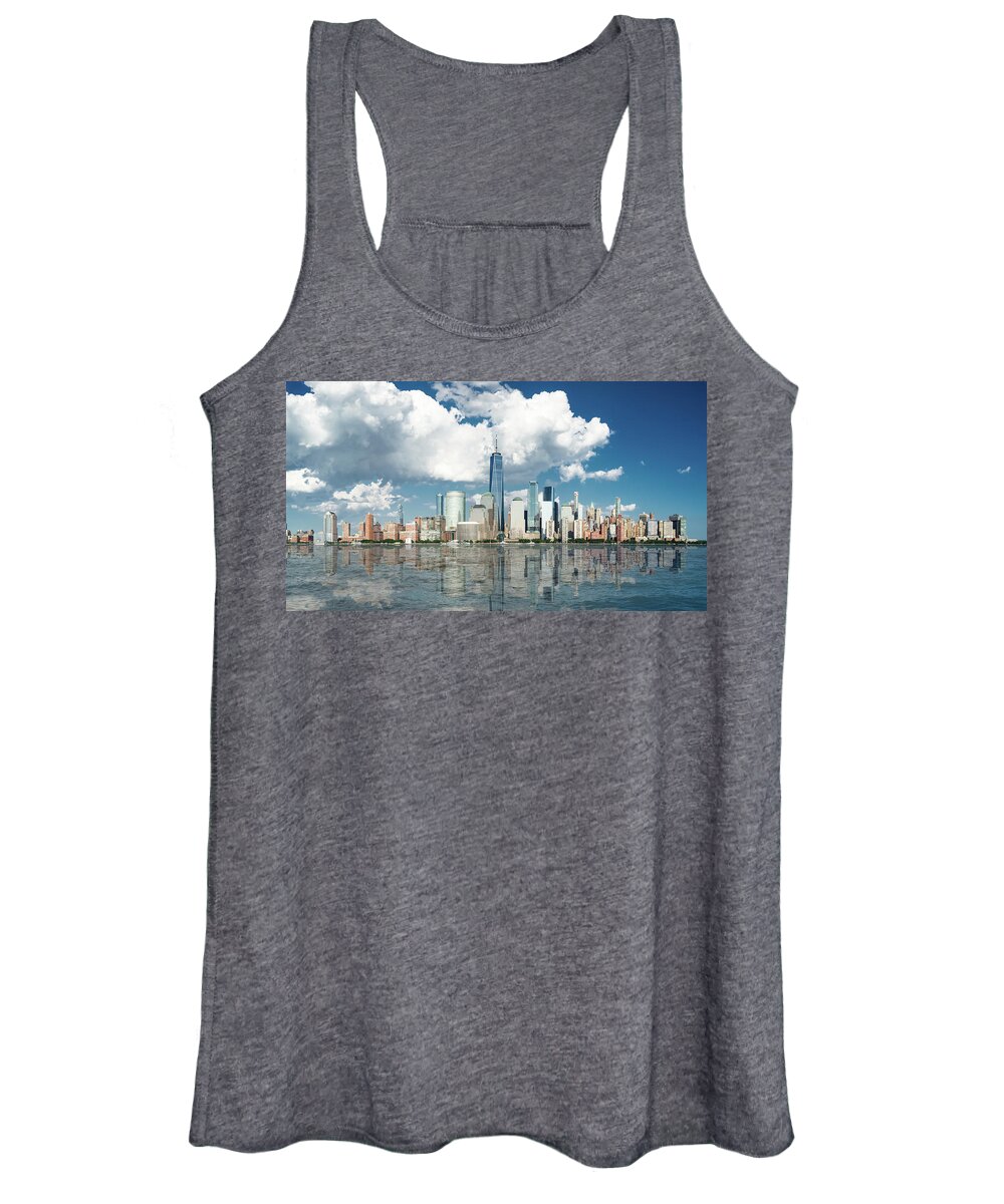 America Women's Tank Top featuring the photograph Manhattan skyline, reflection on Hudson river by Jean-Luc Farges