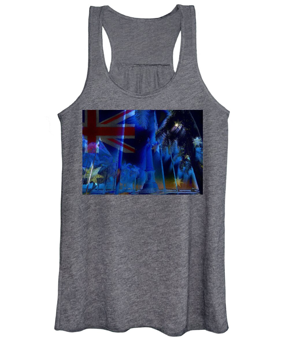 War Memorial Women's Tank Top featuring the mixed media May They Be Bathed In His Light Anzac War Memorial Cairns by Joan Stratton