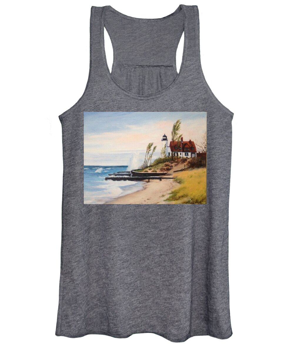 Lighthouse Women's Tank Top featuring the painting Michigan Lighthouse by Judy Rixom