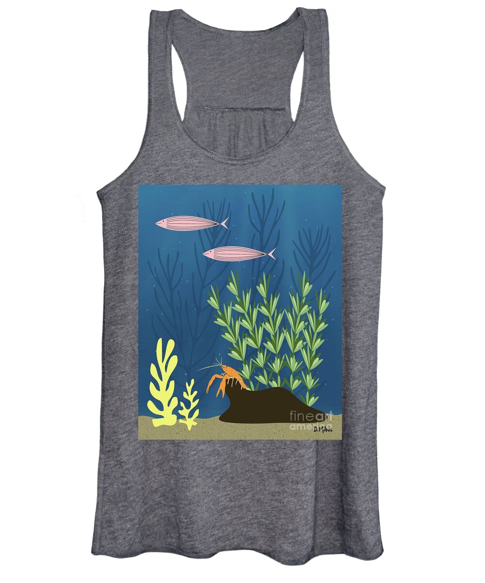 Mid Century Women's Tank Top featuring the digital art Mid Century Aquarium with Lobster by Donna Mibus