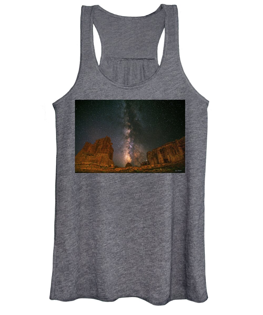 Arches National Park Women's Tank Top featuring the photograph Milky Way at Courthouse Towers by Dan Norris