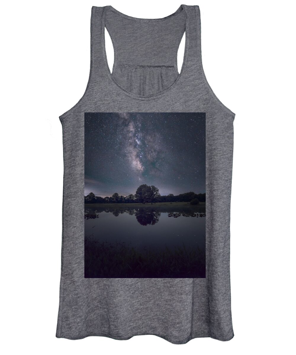 Nightscape Women's Tank Top featuring the photograph Milky Way over the Pond by Grant Twiss