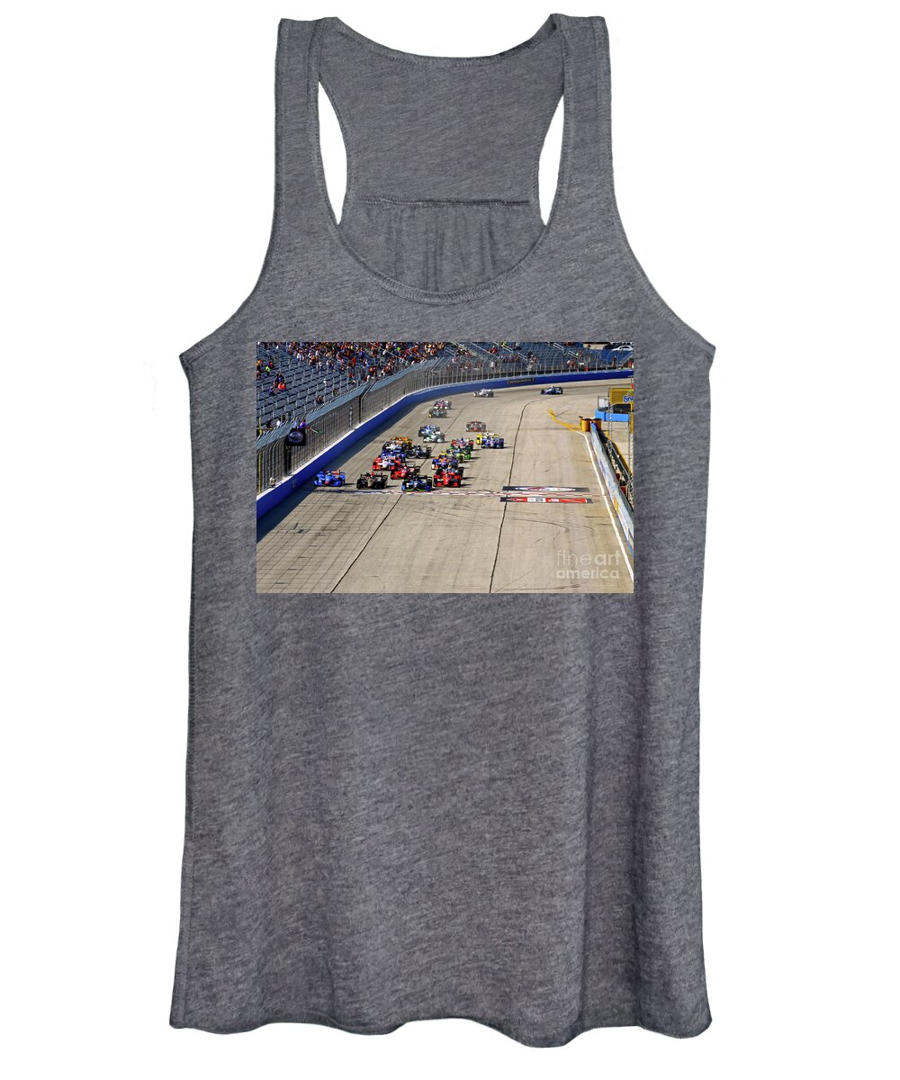 Indycar Women's Tank Top featuring the photograph Milwaukee Indyfest ABC 250 Race car pack Start 2015 by Pete Klinger