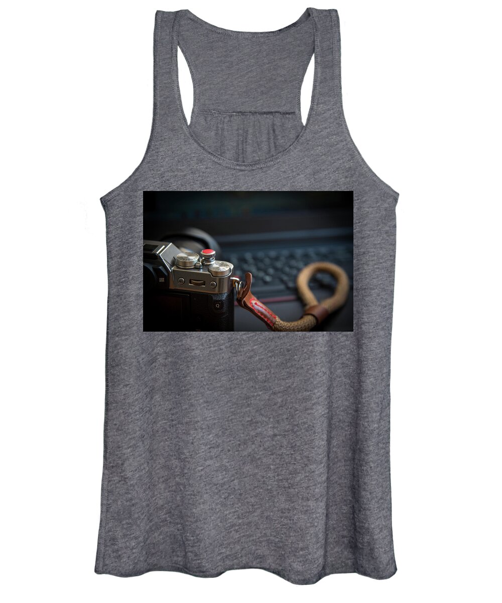 Buttons Women's Tank Top featuring the photograph Mirrorless digital camera with control buttons , lens and strap by Michalakis Ppalis