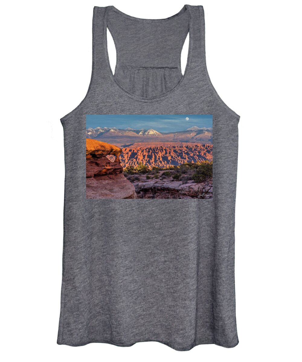Moab Women's Tank Top featuring the photograph Moab Back Country Moonrise at Sunset by Dan Norris