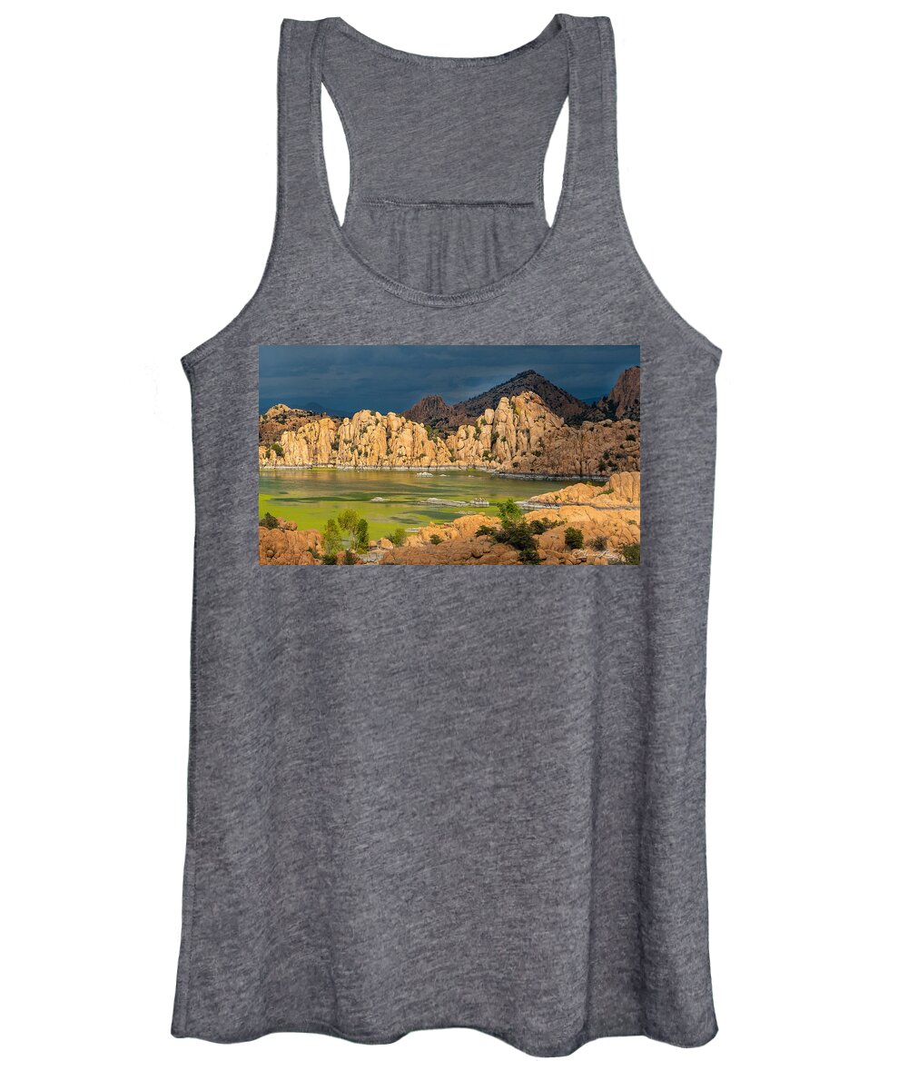 Fall Colors Granite Dells Boulders Water Lake Revivor Fstop101 Prescott Arizona Red Blue Colorful Rock Dark Clouds Summer Monsoon Storm Green Women's Tank Top featuring the photograph Monsoon Storm Approaching the Granite Dells #1 by Geno