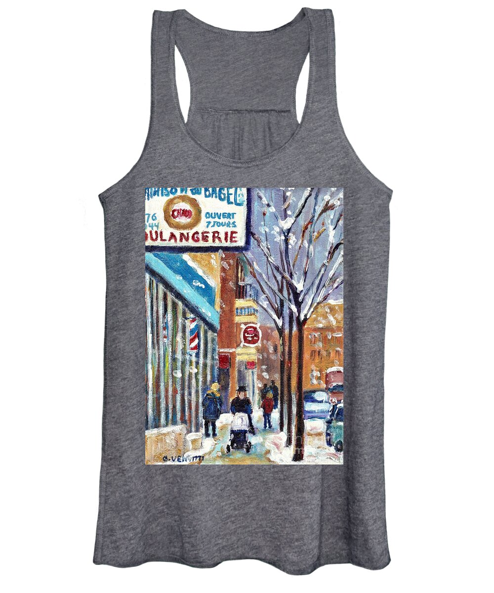 Montreal Women's Tank Top featuring the painting Montreal Winter Scene Rue St Viateur With Bagel Shop Grace Venditti Art by Grace Venditti