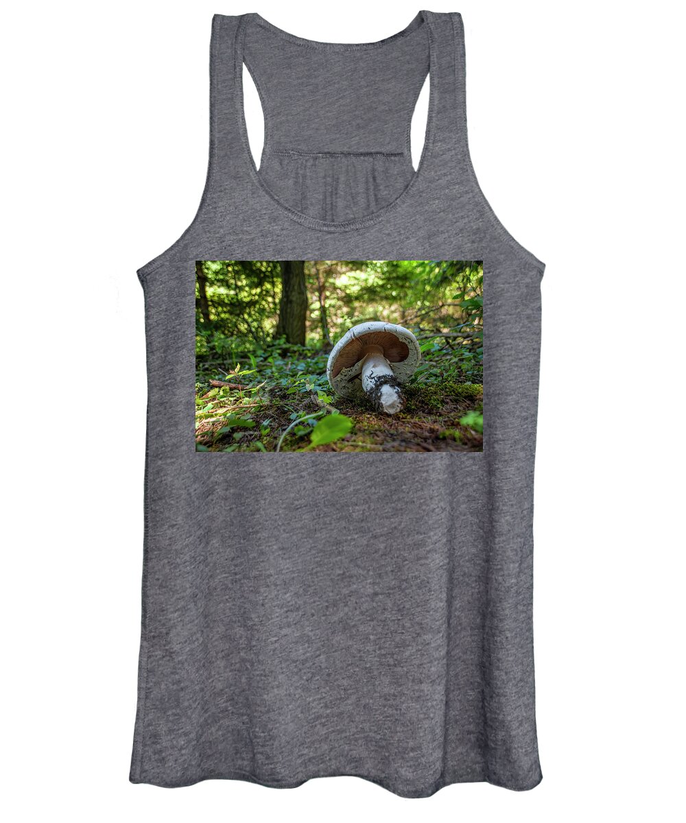 Kortwright Conservation Area Women's Tank Top featuring the photograph Mushroom Grows in a Forest 2 by John Twynam
