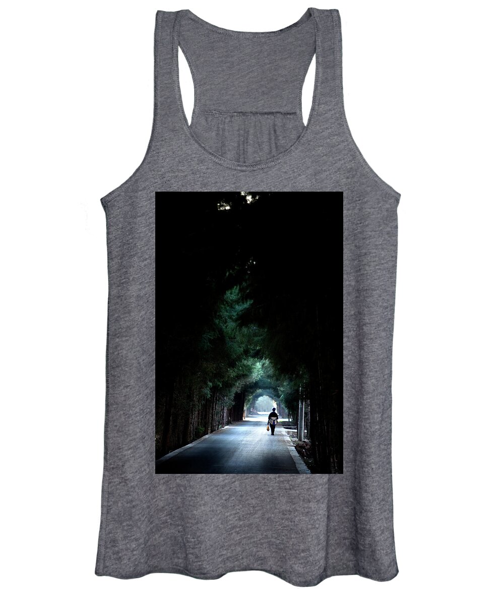 China Women's Tank Top featuring the photograph Naxi Woman in the Tunnel of Trees by Mark Gomez