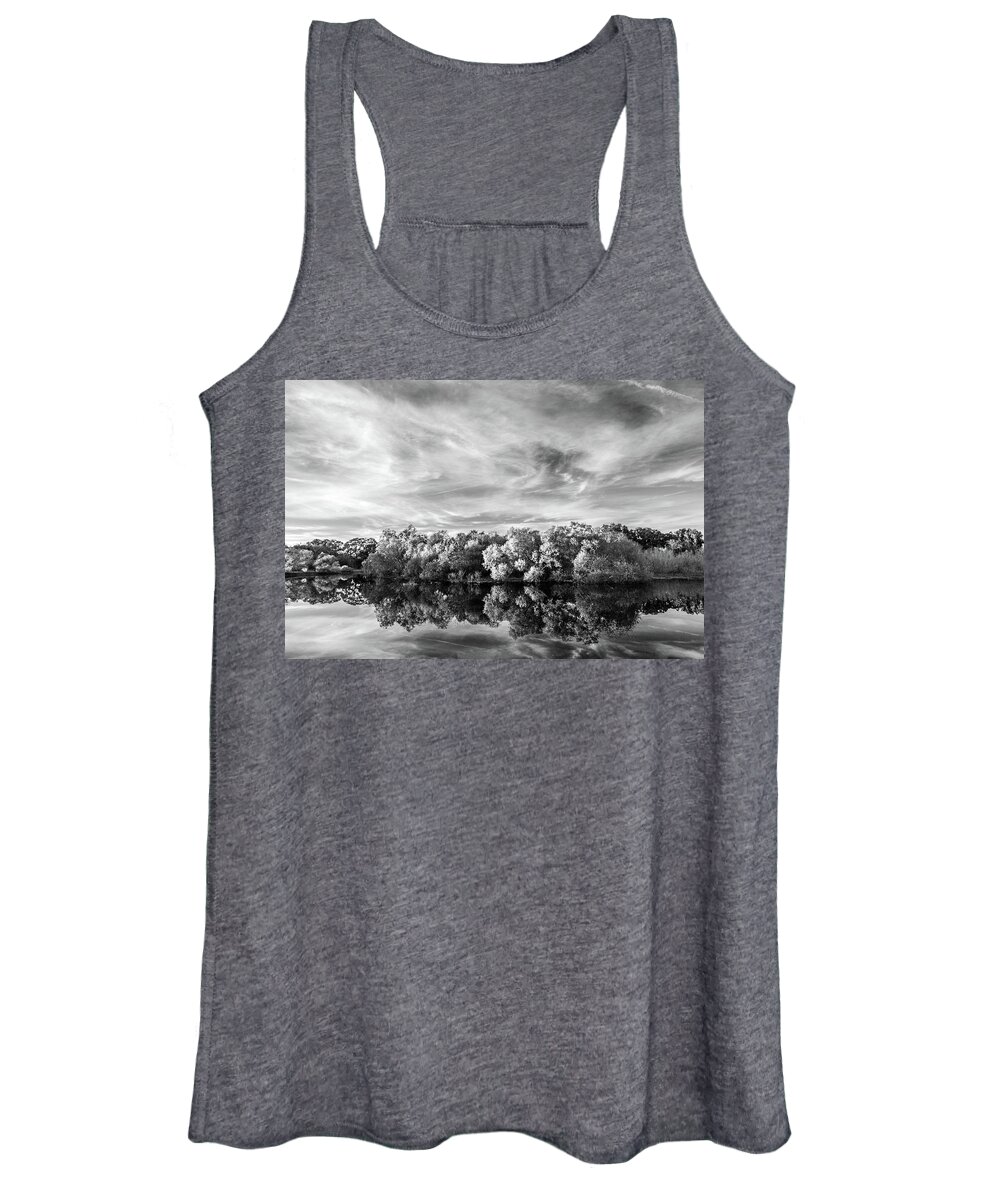 B&w Women's Tank Top featuring the photograph New Horseshoe Lake Sky by Mike Schaffner