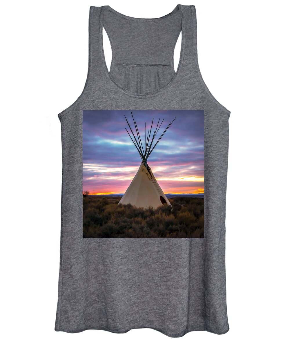 Taos Women's Tank Top featuring the photograph New Mexico Sunset with a Tipi by Elijah Rael