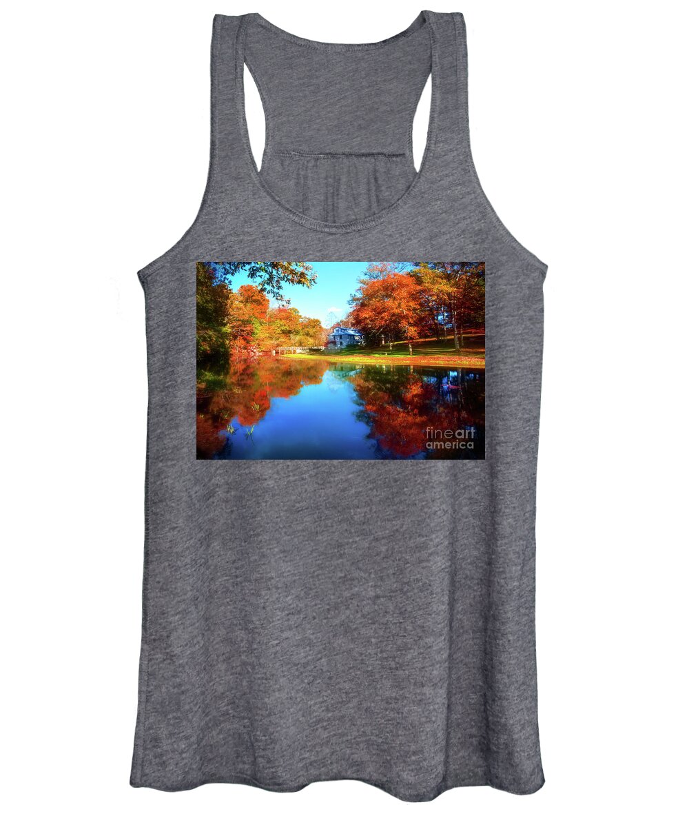 Old Mill House Pond In Autumn Fine Art Photograph Print With Vibrant Fall Colors Women's Tank Top featuring the photograph Old Mill House Pond in Autumn Fine Art Photograph Print with Vibrant Fall Colors by Jerry Cowart