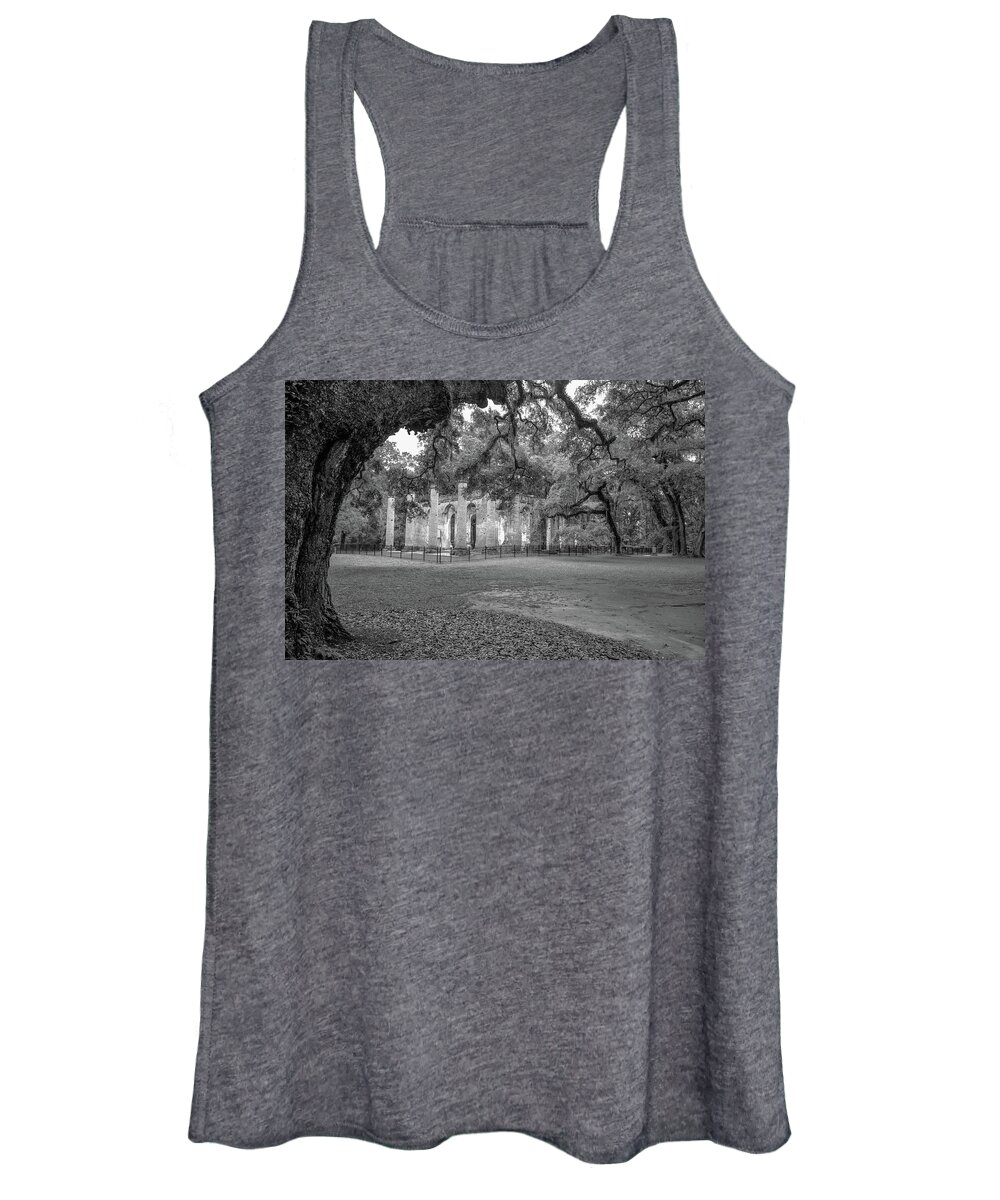 Yemassee Women's Tank Top featuring the photograph Old Sheldon Church Ruins in Black and White by Cindy Robinson