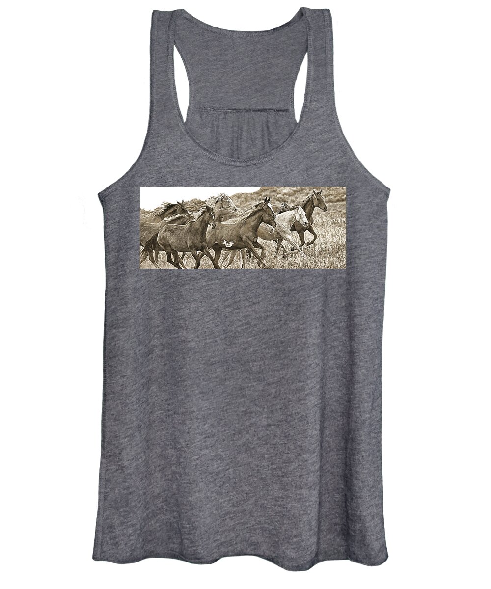 Horses Women's Tank Top featuring the photograph On The Run Sepia by Don Schimmel