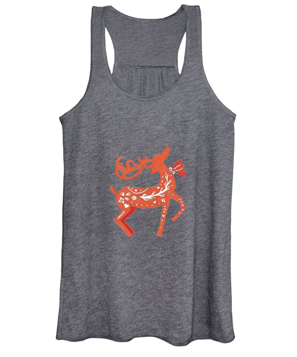 Orange Women's Tank Top featuring the drawing Orange and Red Holiday Reindeer with Pattern by Ali Baucom