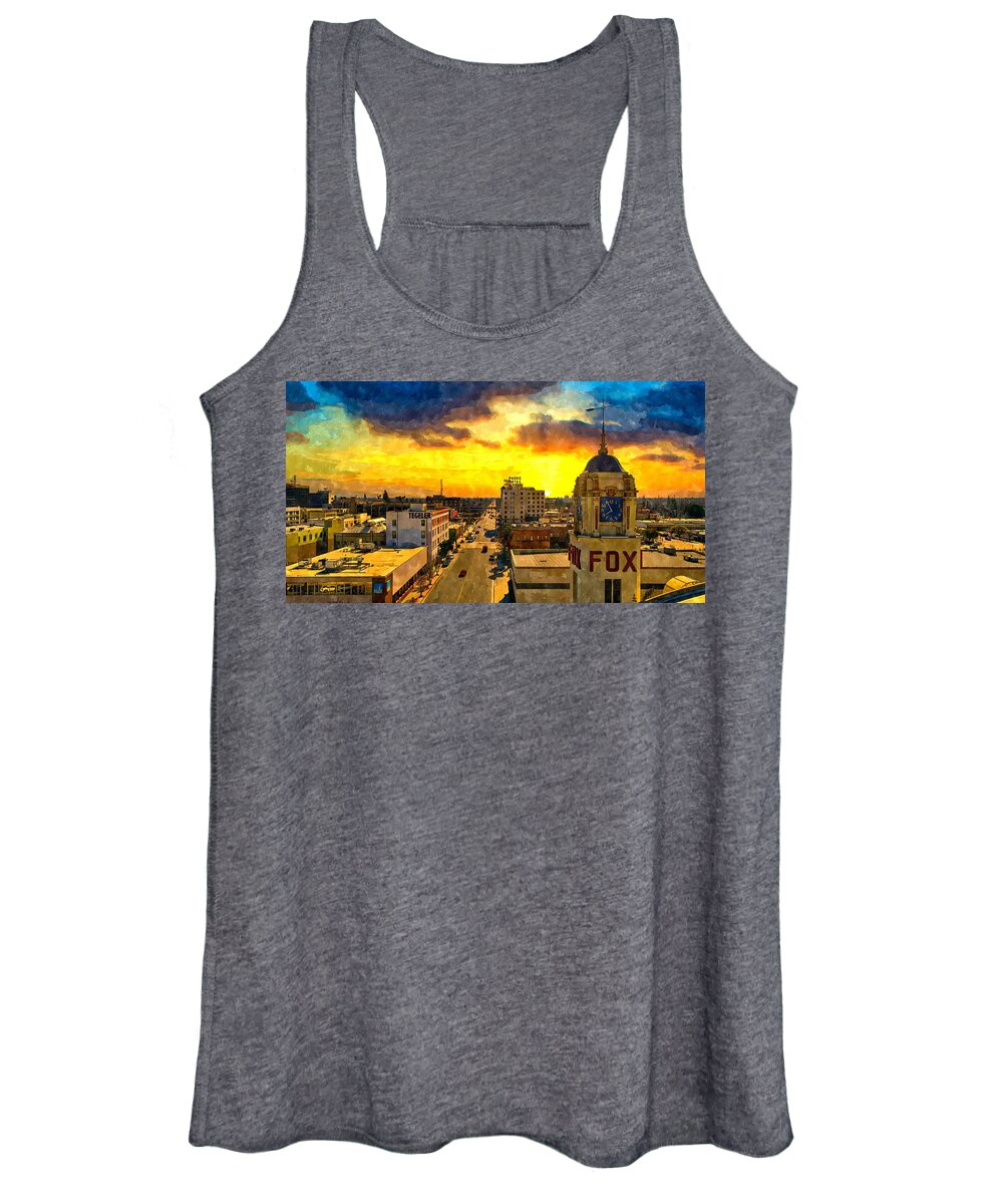 Bakersfield Women's Tank Top featuring the digital art Panorama of downtown Bakersfield, California - watercolor painting by Nicko Prints