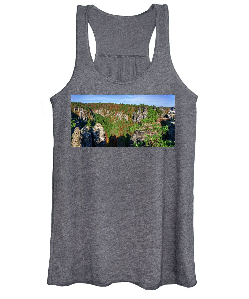 Saxon Switzerland Women's Tank Top featuring the photograph Panoramic view of the Elbe Sandstone Mountains by Sun Travels