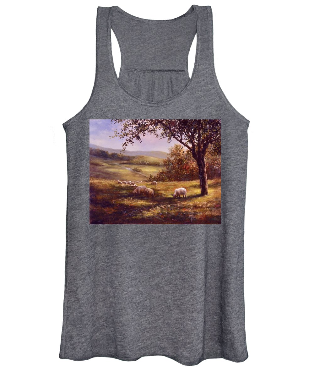 Country Landscape Women's Tank Top featuring the painting Peaceful Pasture by Lynne Pittard