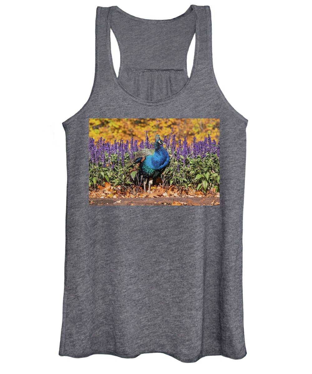 Peacock Women's Tank Top featuring the photograph Peacock In Autumn Flowers And Leaves by Artur Bogacki