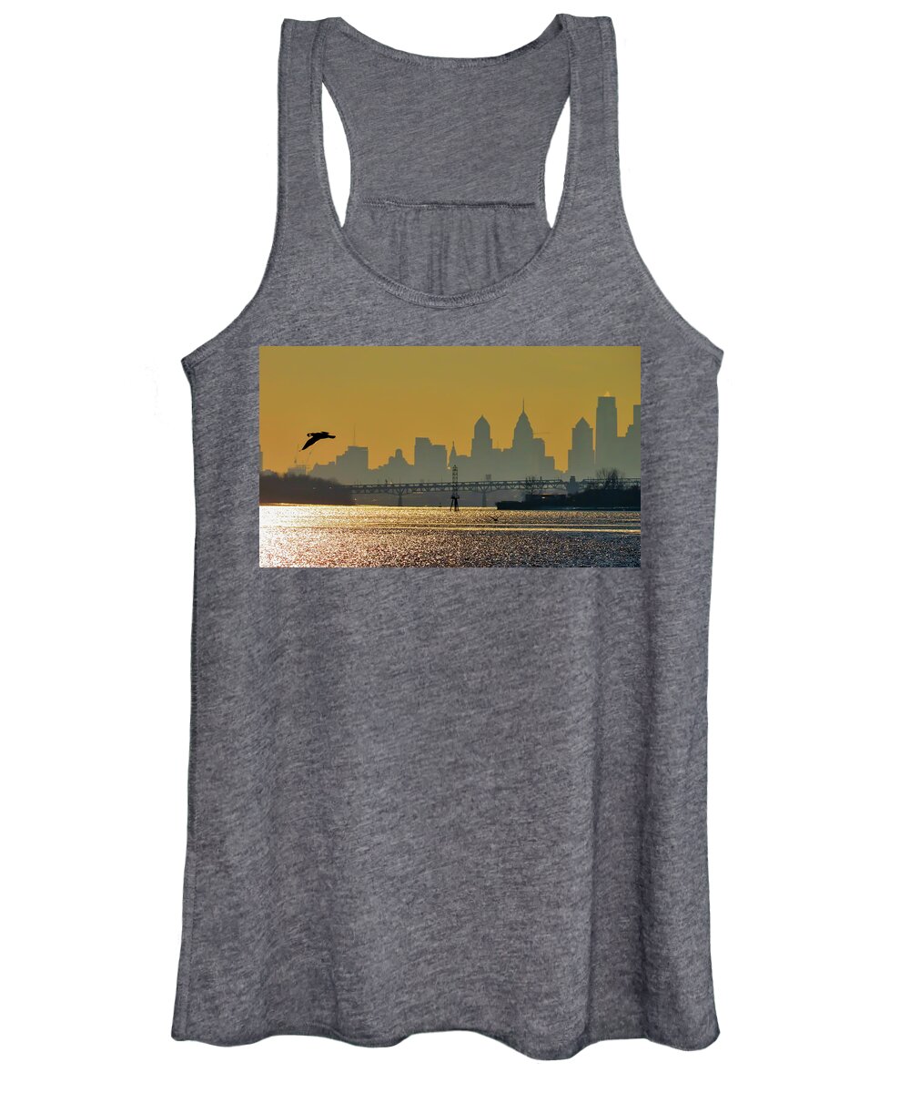 Philadelphia Women's Tank Top featuring the photograph Philadelphia Skyline with Gull at Sunset as Seen from Amico Island by Linda Stern