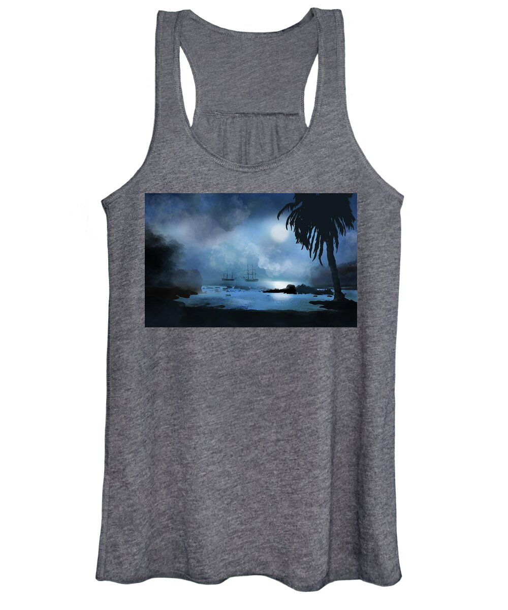 Pirate Women's Tank Top featuring the painting Pirate ships off the coast of Port Royale by Patricia Piotrak