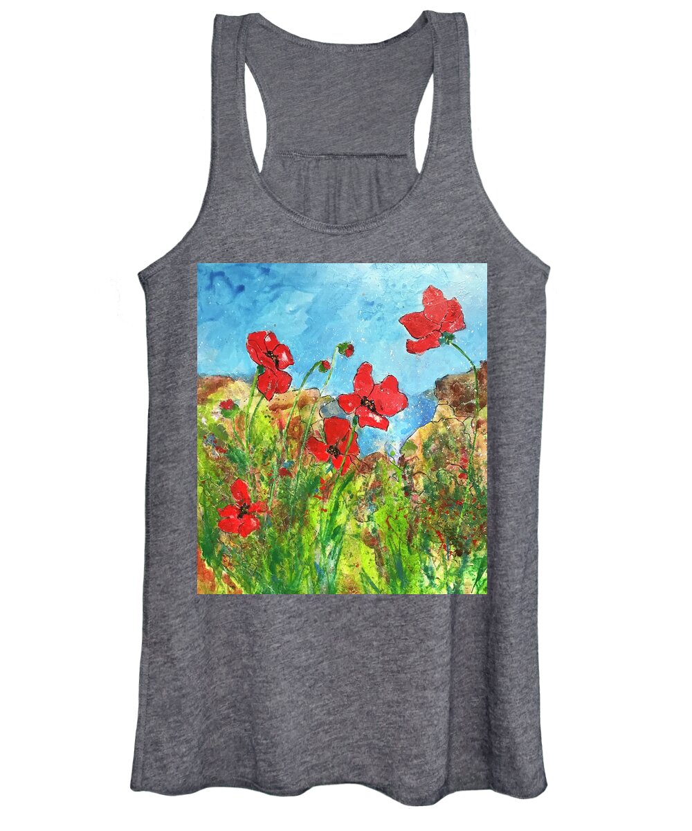 Poppies Women's Tank Top featuring the painting Poppies by the Sea II by Elaine Elliott