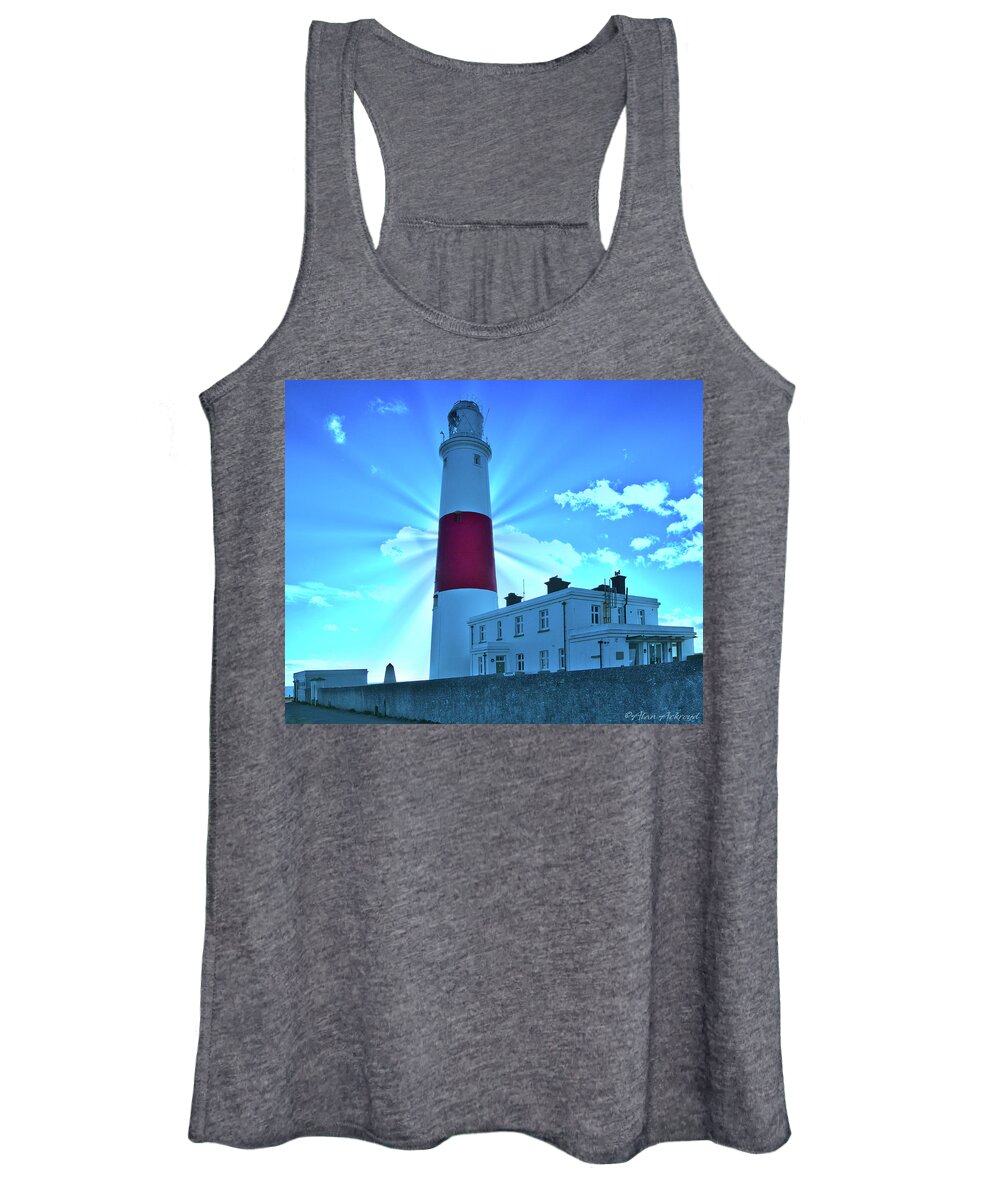 Lighthouse Women's Tank Top featuring the photograph Portland Bill Lighthouse with Sunburst by Alan Ackroyd