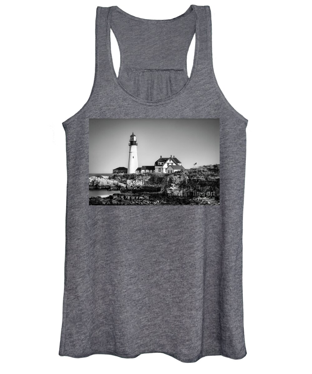 Black And White Women's Tank Top featuring the photograph Portland Head Light in Black and White by Shelia Hunt