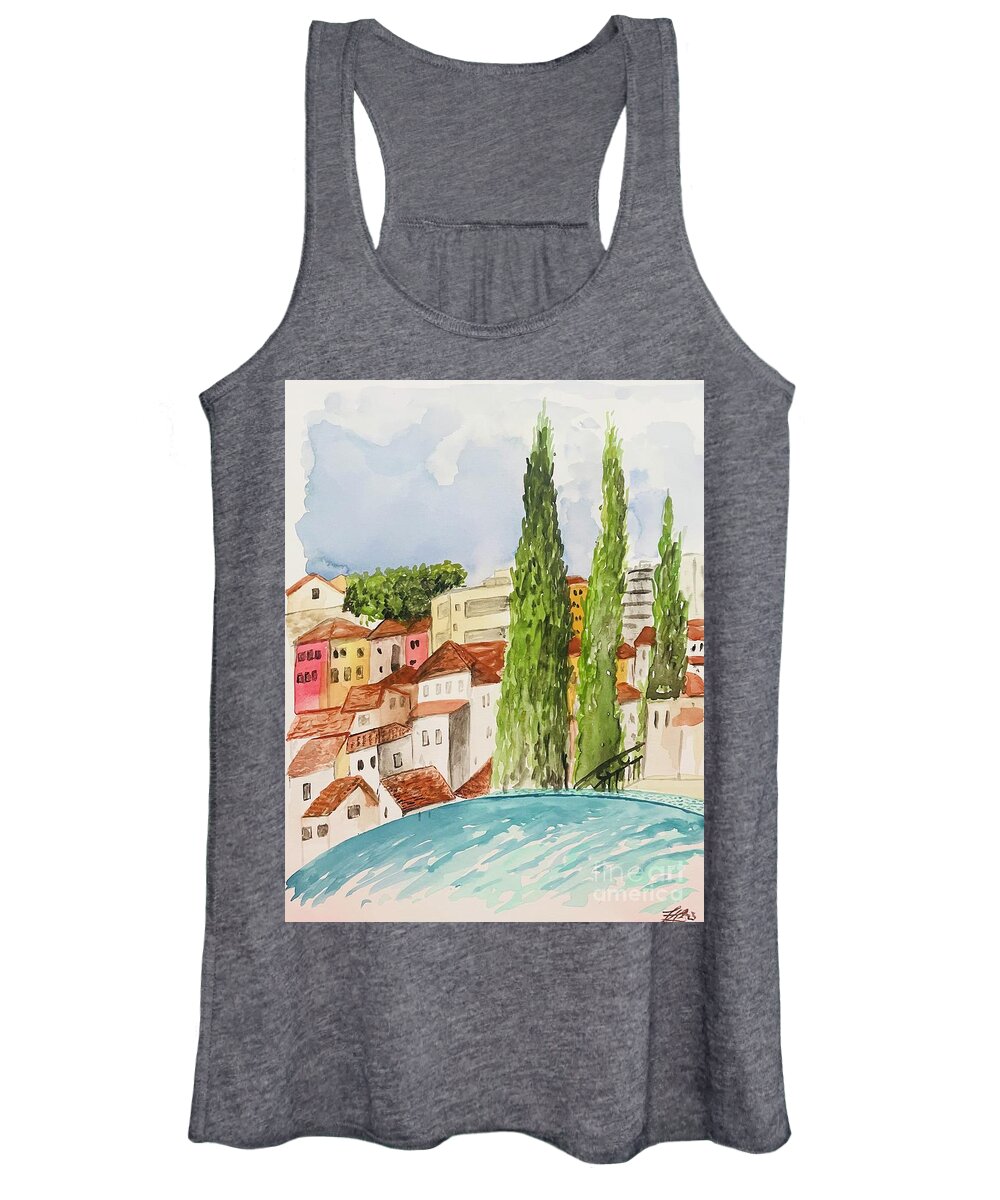 Portugal Porto Watercolor Women's Tank Top featuring the painting Portugal by the Pool by Tonia Anderson