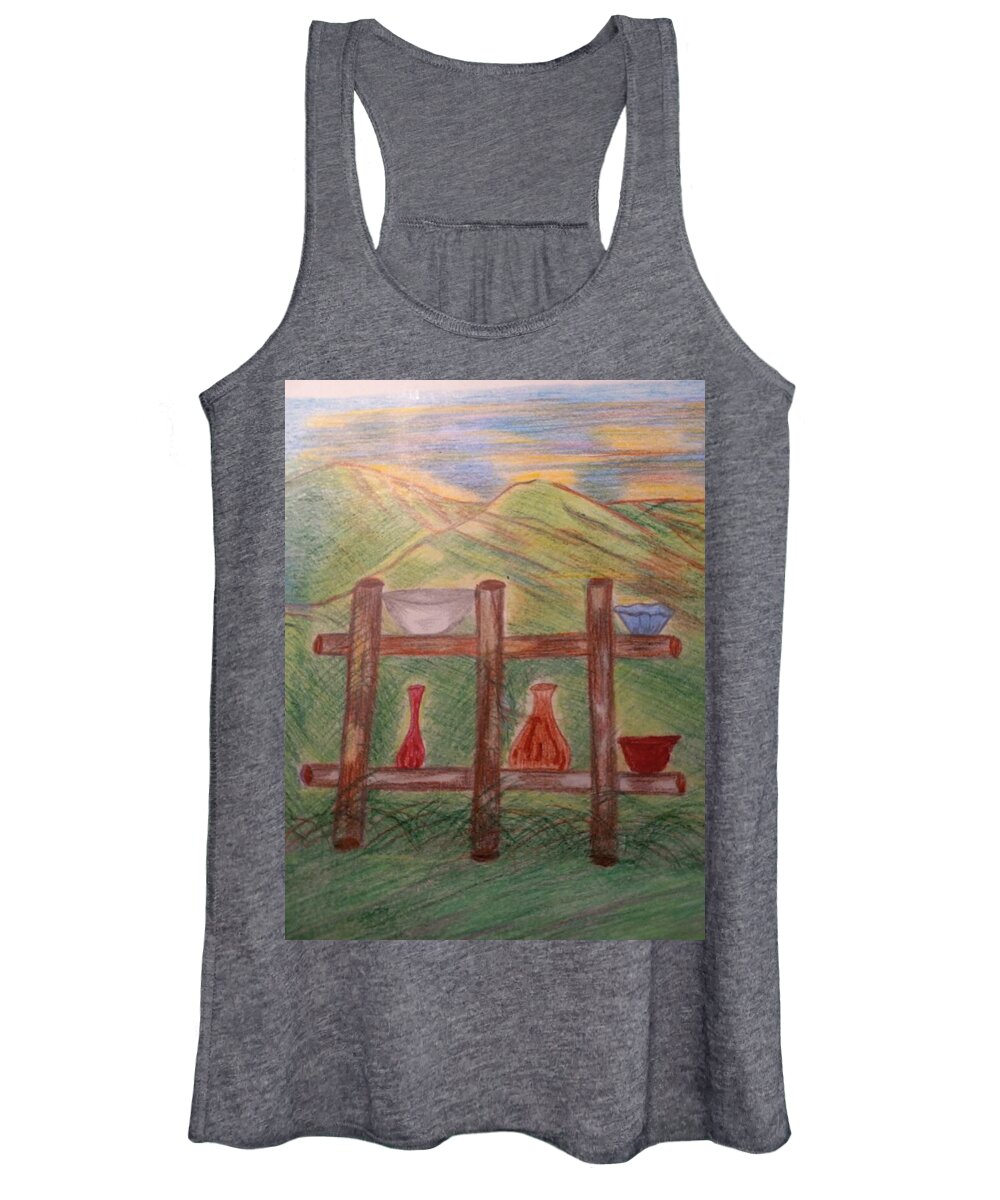 Rustic Women's Tank Top featuring the drawing Pottery In The Meadow by Tina Marie Gill