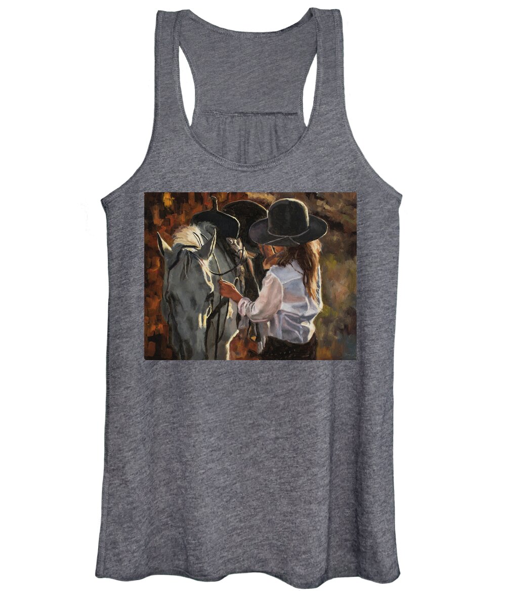 Cowgirl Women's Tank Top featuring the painting Prepping for a ride by Tate Hamilton