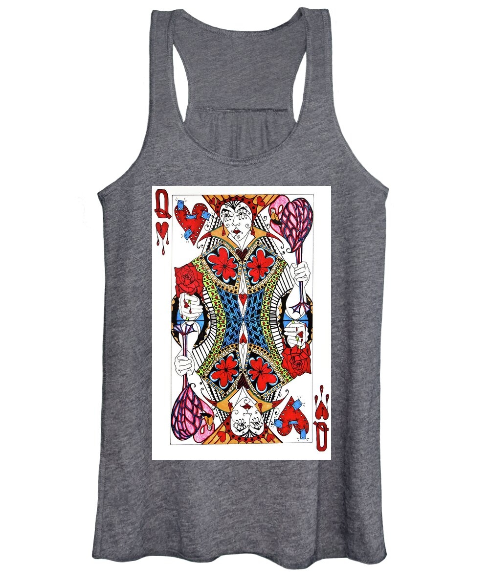 Queen Of Hearts Women's Tank Top featuring the drawing Queen Of Hearts Face Card by Jani Freimann